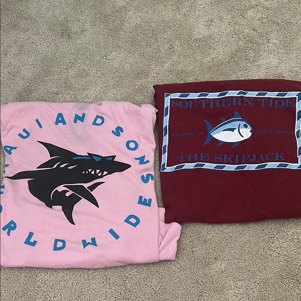 Southern Tide Red fish shirt and Maui and Sons Pink shark T-shirts.  Set of 2